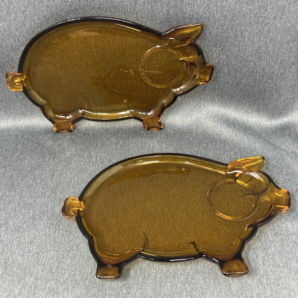 Vintage Amber Glass Pig Shaped Plate Snack Luncheon Set 2pc Kitschy Piggy Decor